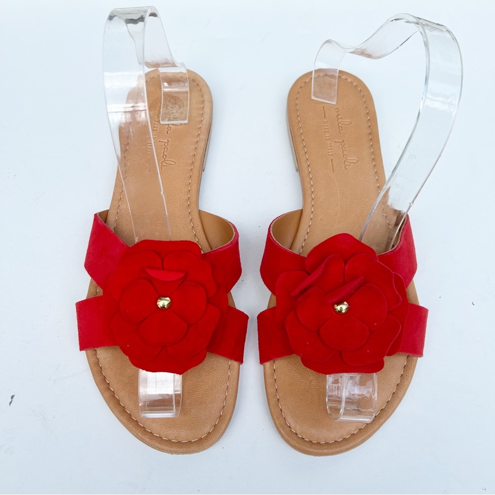 Mila Paoli Red Suede Leather Flower Slip On Open Toe Flat Sandals Slides 9